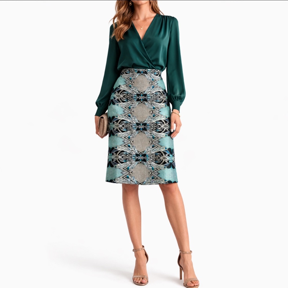 Mossaic Brand Printed Teal A-Line Knee-length Cocktail Skirt in size 12